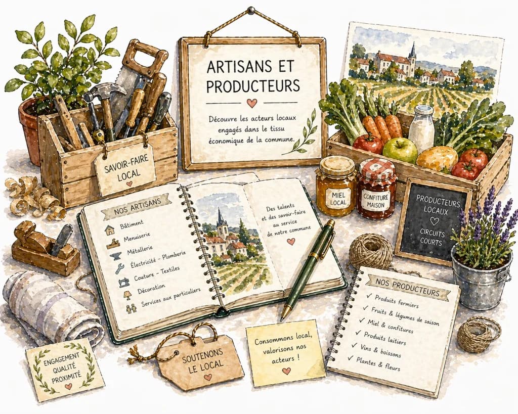 Illustration aquarelle « Artisans et producteurs » : métiers du bâtiment et des services, producteurs locaux et circuits courts