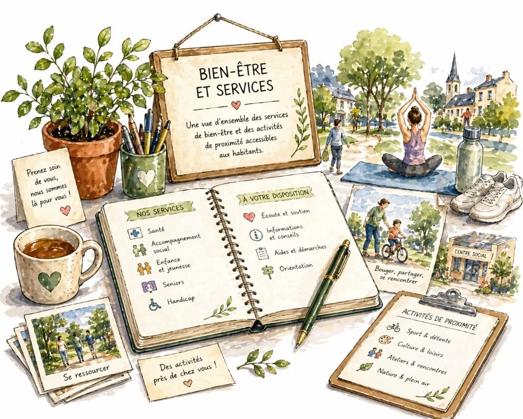 Illustration aquarelle « Bien-être et services » : carnet des services de proximité, activités locales et scène de bien-être près d'un centre social