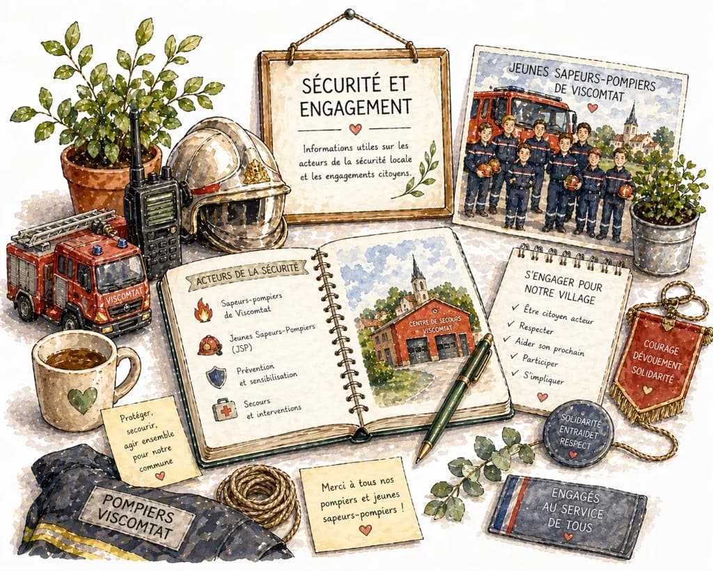 Illustration aquarelle « Sécurité et engagement » : pompiers, JSP, prévention et messages de solidarité à Viscomtat
