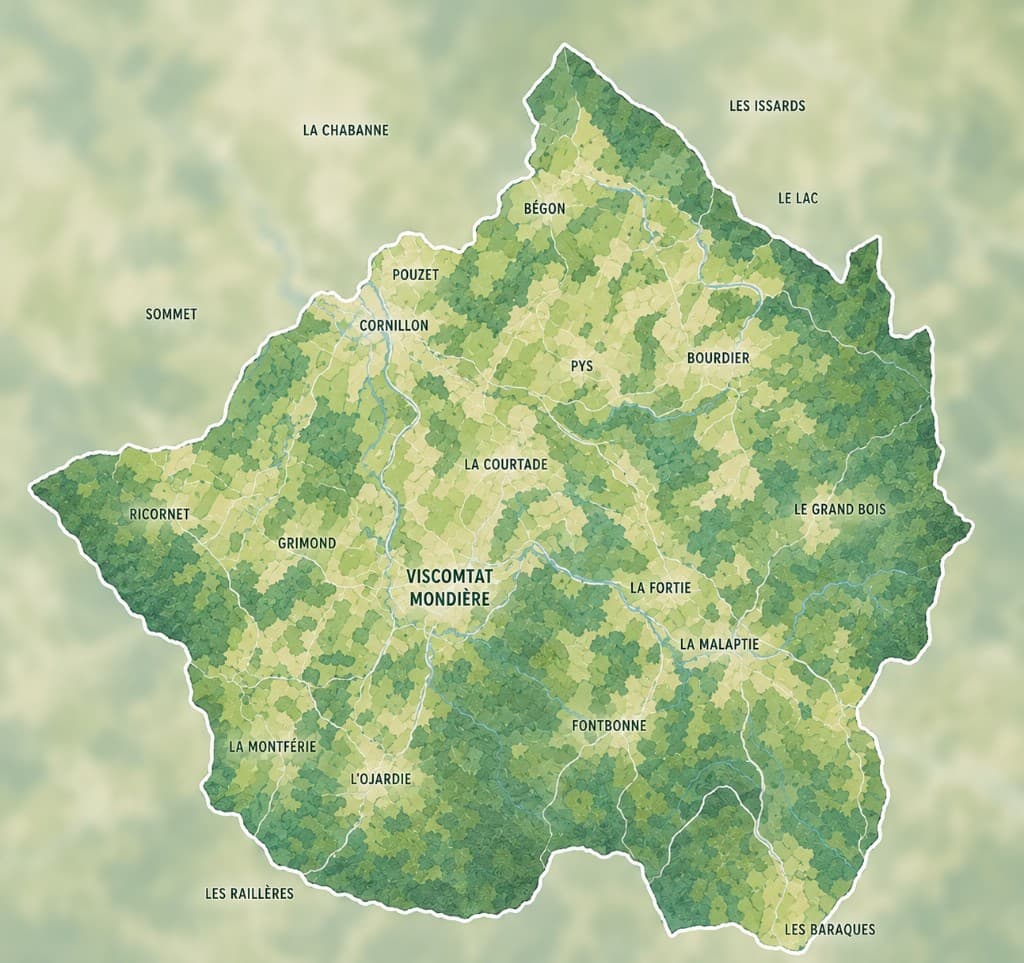 Carte stylisée des lieux-dits et hameaux autour de Viscomtat et Viscomtat-Mondière