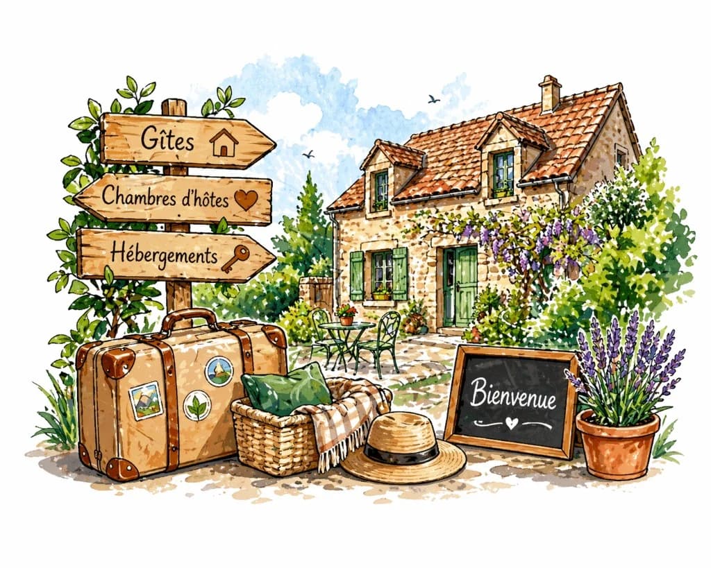 Illustration : panneaux Gîtes, Chambres d'hôtes et Hébergements, valise et maison en pierre — se loger à Viscomtat