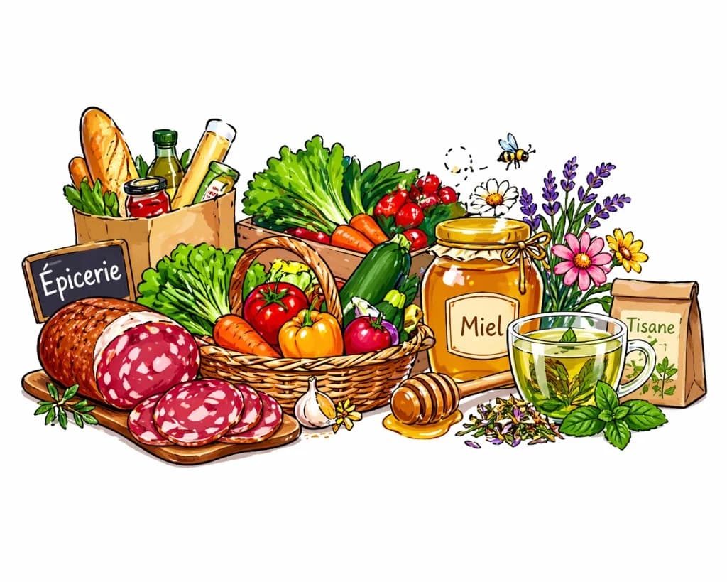 Illustration : épicerie, légumes, miel, tisane et produits du terroir — se nourrir à Viscomtat