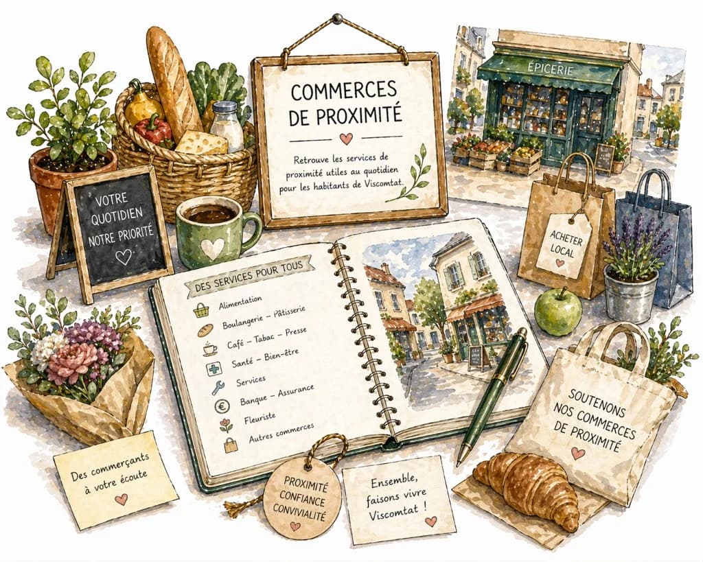 Illustration aquarelle « Commerces de proximité » : services du quotidien, panier local et messages pour soutenir les commerces à Viscomtat