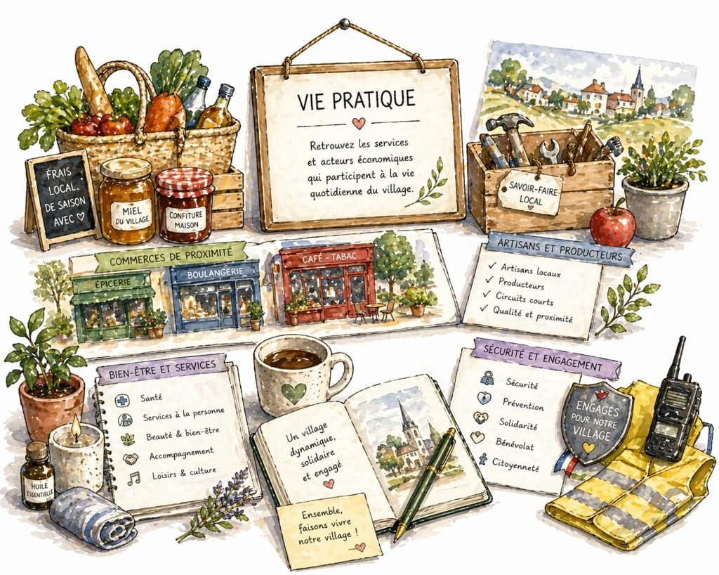 Illustration aquarelle « Vie pratique » : commerces de proximité, artisans, bien-être et sécurité / engagement autour d'un panneau central