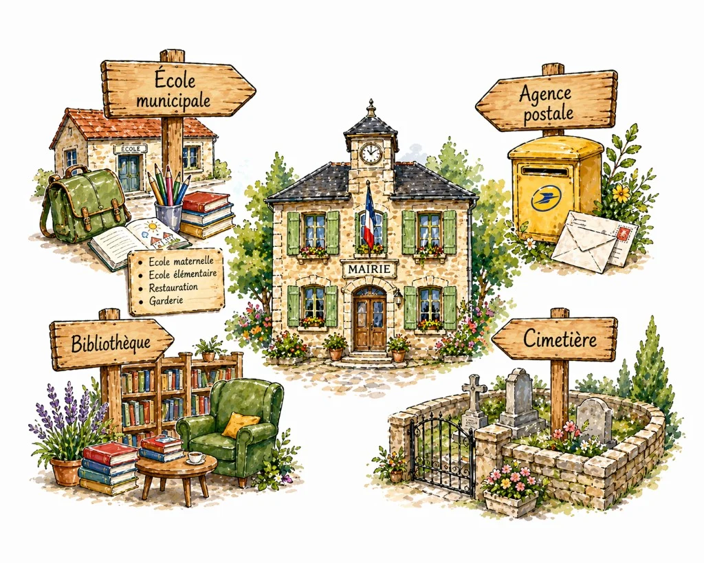Illustration : services communaux — mairie, école municipale, agence postale, bibliothèque et cimetière