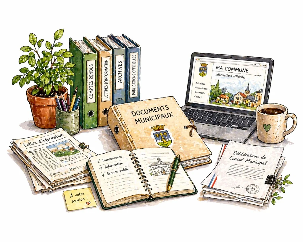 Illustration : bureau des documents municipaux — classeurs comptes rendus, archives, publications, ordinateur « Ma commune », délibérations du conseil